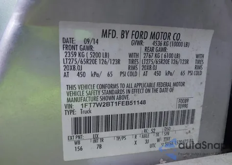 2015 Ford F-250 Lariat from USA, damaged, VIN 1FT7W2BT1FEB51148